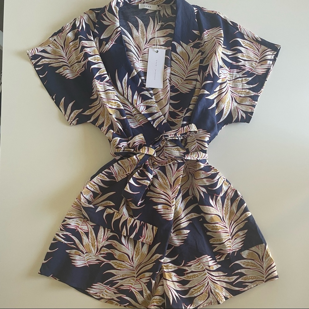 Lush Navy Tropical Print Romper with Beige & Pink Leaves